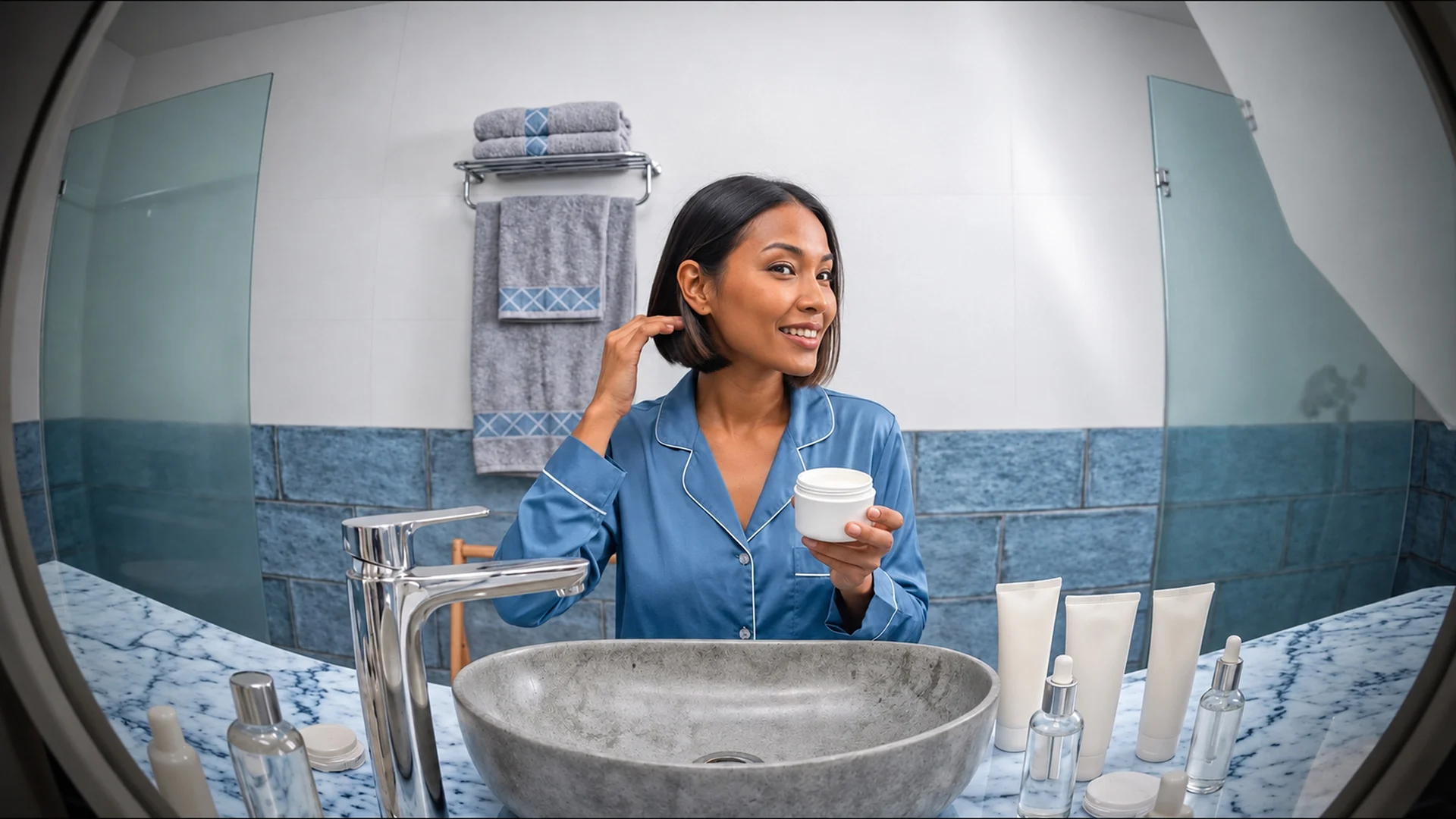 Mulher segurando um creme para cabelo diante do espelho.