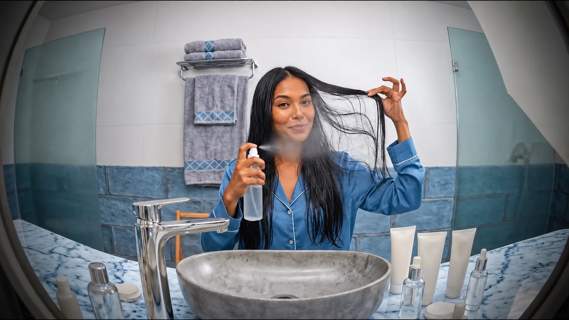 Mulher aplicando um produto nos cabelos molhados.