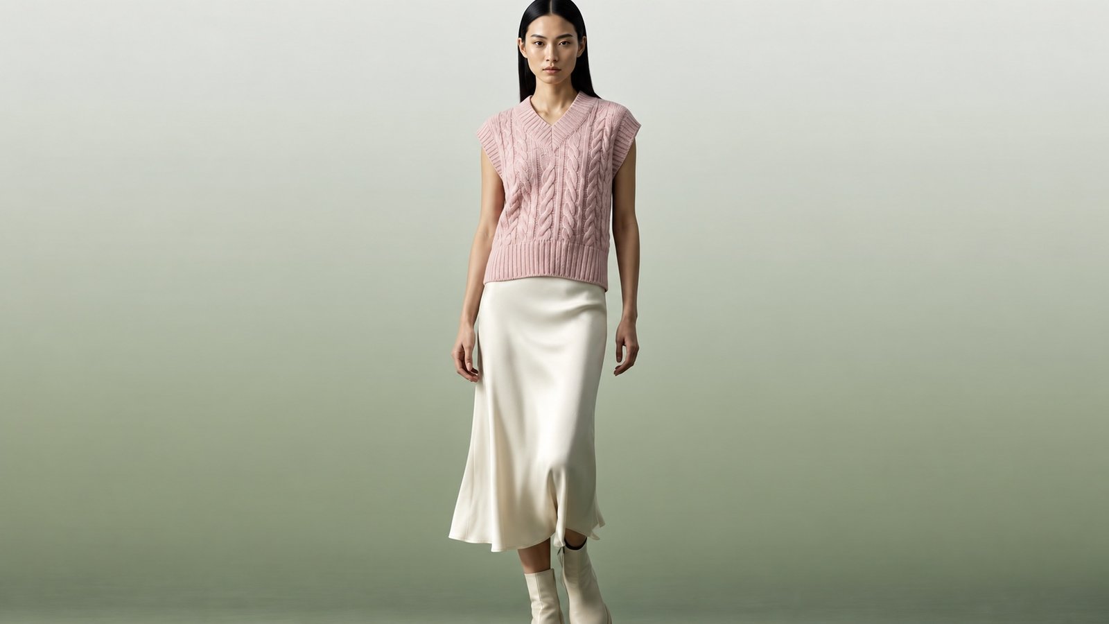 Modelo com tricô rosa e saia branca.