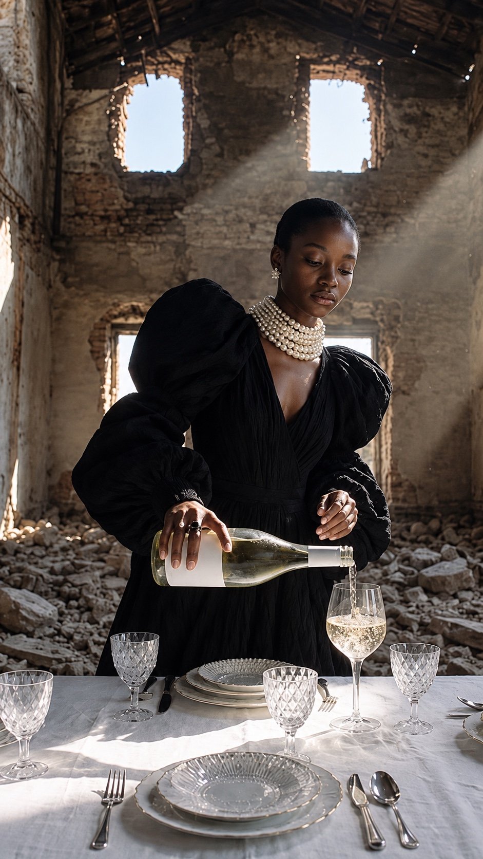 Mulher de vestido preto e pérolas servindo uma bebida em um ambiente de pedra.